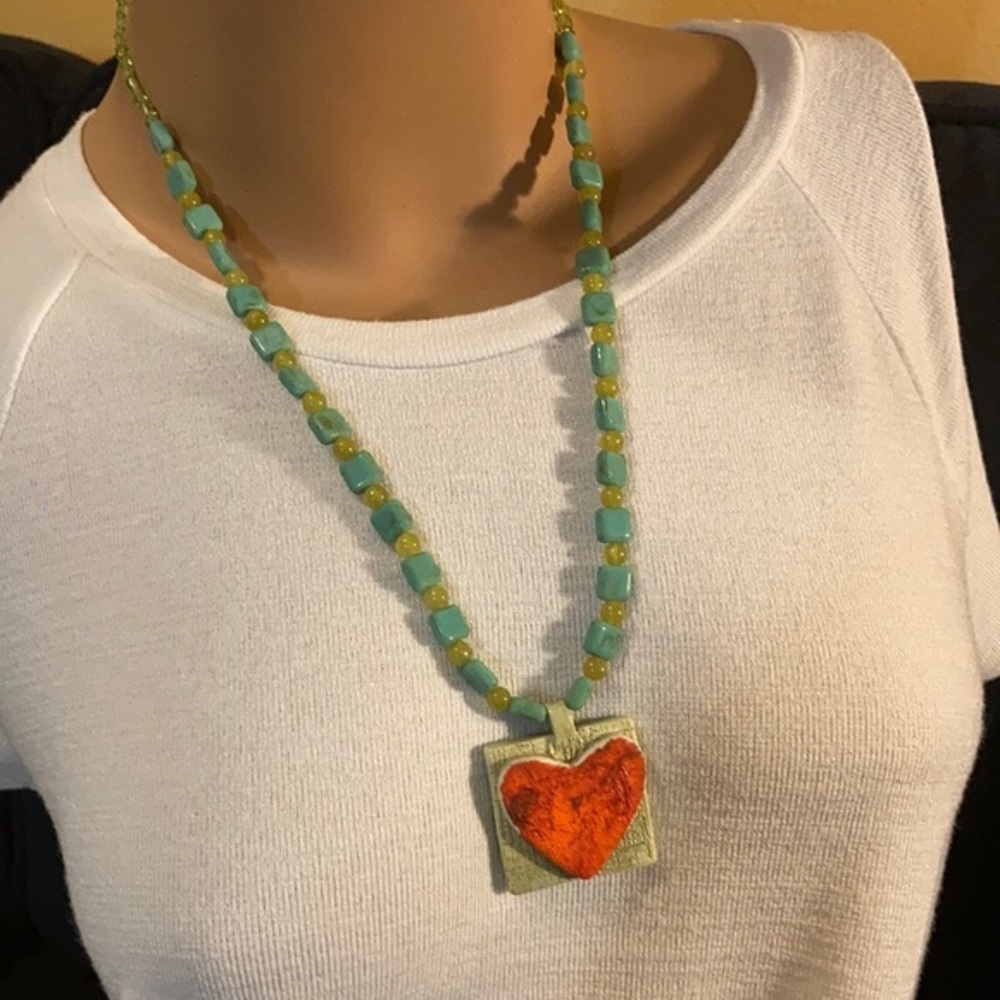 Hand painted red heart stone pendant and beaded necklace